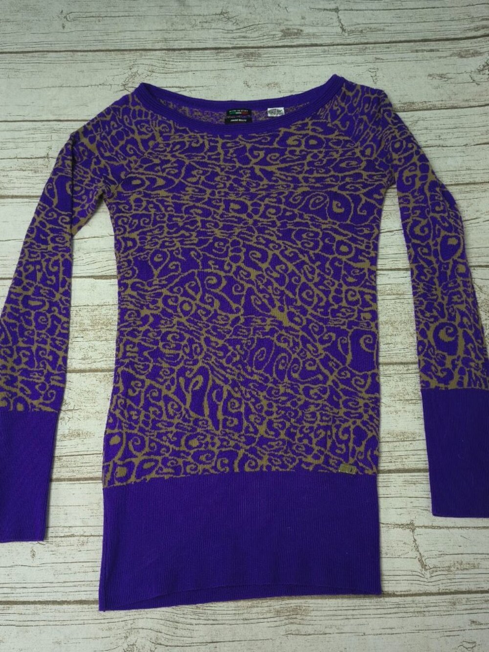 Vintage Miss Sixty Sweater Italian Knit Purple Tan Swirl Pattern Tunic Small